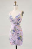 Floral Bodycon Sequin Pink Homecoming Dress with Lace-up Back