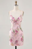 Pink Appliqued Bodycon Homecoming Dress with Sequins