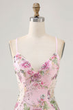 Floral Bodycon Sequin Pink Homecoming Dress with Lace-up Back