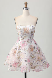 Floral A-Line Strapless Pink Homecoming Dress with Sequins