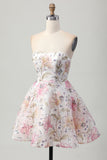 Floral A-Line Strapless Pink Homecoming Dress with Sequins