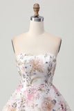 Floral A-Line Strapless Pink Homecoming Dress with Sequins