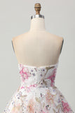 Floral A-Line Strapless Pink Homecoming Dress with Sequins