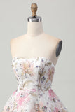 Floral A-Line Strapless Pink Homecoming Dress with Sequins
