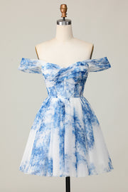Printed White Blue Flower Off The Shoulder Homecoming Dress