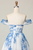 Printed White Blue Flower Off The Shoulder Homecoming Dress