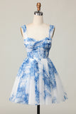 Printed White Blue Flower Off The Shoulder Homecoming Dress