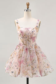Floral A Line Square Neck Sequin Pink Homecoming Dress with Lace Up Back