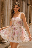 Floral A Line Square Neck Sequin Pink Homecoming Dress with Lace Up Back