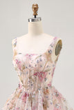 Floral A Line Square Neck Sequin Pink Homecoming Dress with Lace Up Back