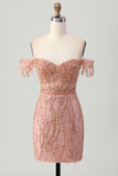 Off The Shoulder Dusty Rose Beaded Corset Homecoming Dress With Sequins