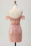 Off The Shoulder Dusty Rose Beaded Corset Homecoming Dress With Sequins