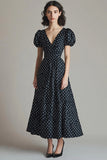 A Line Black White Polka Dot Casual Dress wiht Puff Sleeves