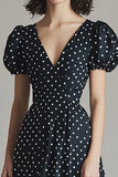 A Line Black White Polka Dot Casual Dress wiht Puff Sleeves