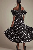 Off The Shoulder Black White Polka Dot Formal Dress with Slit