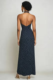 Navy White Polka Dot Chiffon A Line Halter Holiday Dress