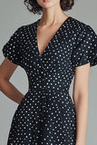 Black White Polka Dot Knee Length Graduation Dress with Short Sleeves