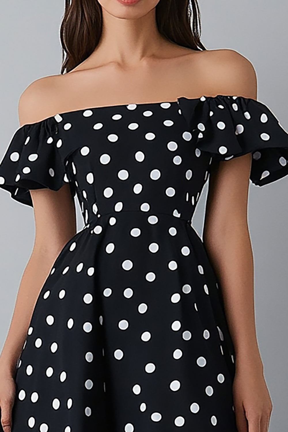 Berylove Women Black White Polka Dot Dress Off The Shoulder Ruffled Midi Dress, Black White Dot / US12 Berylove Women Black White Polka Dot Dress Off The Shoulder Ruffled Midi Dress, Black White Dot / US12