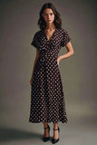 A Line Coffee White Polka Dot Dress with Short Sleeves