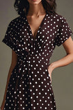 A Line Coffee White Polka Dot Dress with Short Sleeves