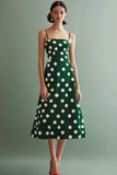 Green A Line Spaghetti Straps White Polka Dot Dress