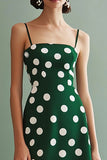 Green A Line Spaghetti Straps White Polka Dot Dress