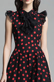 Black A Line Ruffled Midi Red Polka Dot Dress