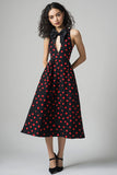 Black Cut Out Red Polka Dot Dress with Bow