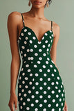 Green Spaghetti Straps Sheath White Polka Dot Dress
