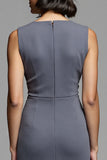 Grey Ruched Midi Dress with Slit