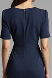 Ruched Navy Short Sleeve V-Neck Midi Dress