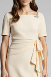 Ruffled Champagne Sheath Midi Dress with Slit