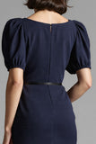 Navy Bodycon Midi Dress with Puff Sleeves