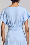 Sky Blue A Line Short Sleeve Midi Dress