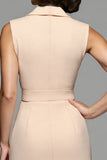 Champagne Sheath V-Neck Midi Dress with Sash