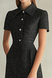 Black Lapel Neck Midi Dress with Short Sleeves