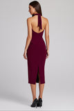 Halter Tight Burgundy Midi Formal Dress