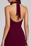 Halter Tight Burgundy Midi Formal Dress