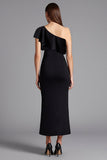 One Shoulder Black Ruffled Formal Dress with Slit