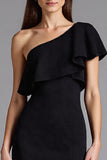 One Shoulder Black Ruffled Formal Dress with Slit