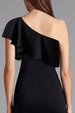 One Shoulder Black Ruffled Formal Dress with Slit