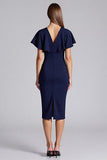 Navy V-Neck Tight Formal Dress with Short Sleeves