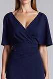 Navy V-Neck Tight Formal Dress with Short Sleeves