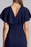 Navy V-Neck Tight Formal Dress with Short Sleeves