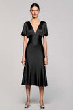 Grey A Line Satin Wedding Guest Dress with Flutter Sleeve