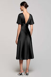 Grey A Line Satin Wedding Guest Dress with Flutter Sleeve