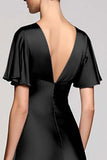 Grey A Line Satin Wedding Guest Dress with Flutter Sleeve