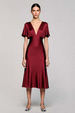 Grey A Line Satin Wedding Guest Dress with Flutter Sleeve