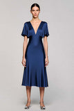 Grey A Line Satin Wedding Guest Dress with Flutter Sleeve