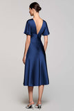 Grey A Line Satin Wedding Guest Dress with Flutter Sleeve